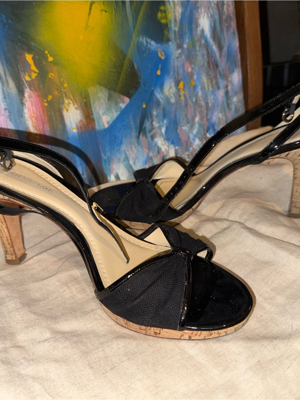 Ann Taylor Black Patent & Cork Platform Strappy Heels